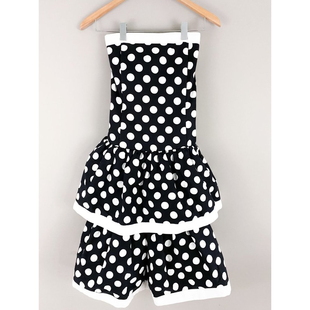 Vintage Jessica Howard Black White Polka Dot Strapless Tiered Party 80's Dress